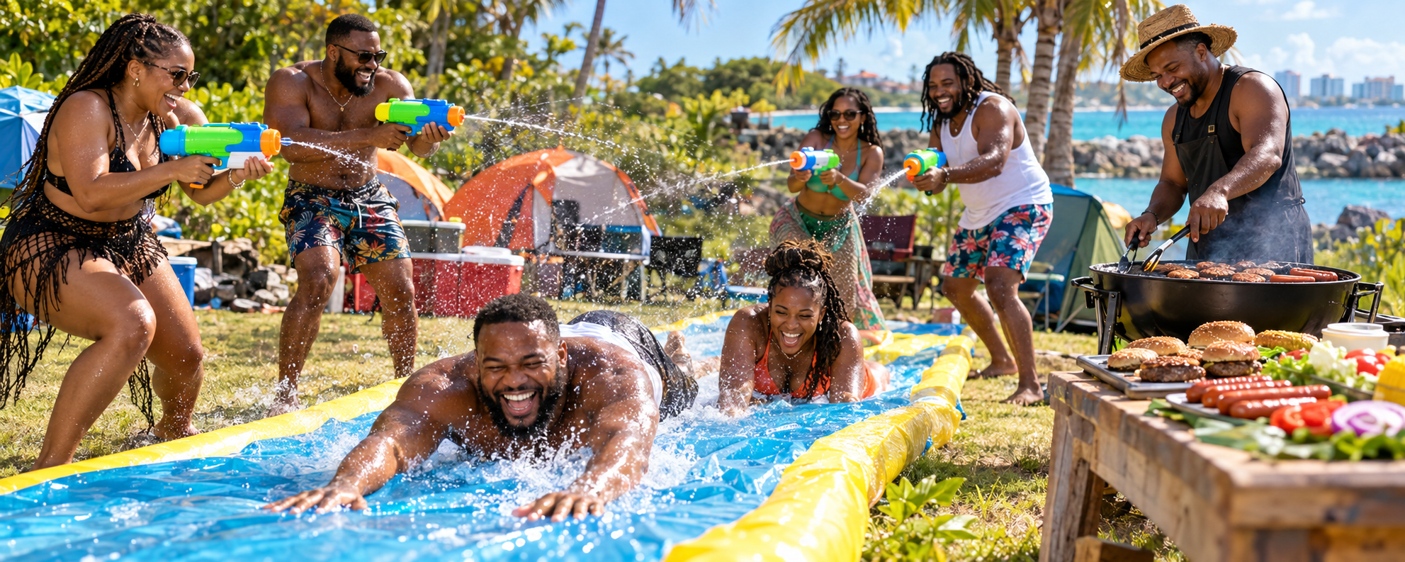 Adults enjoying water-gun games, a slip-and-slide and grilled food at The Bahamian Campout