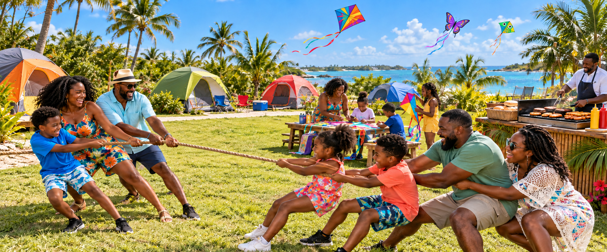 Bahamian families enjoying tug of war, kite building and flying, and a burger and hot-dog station